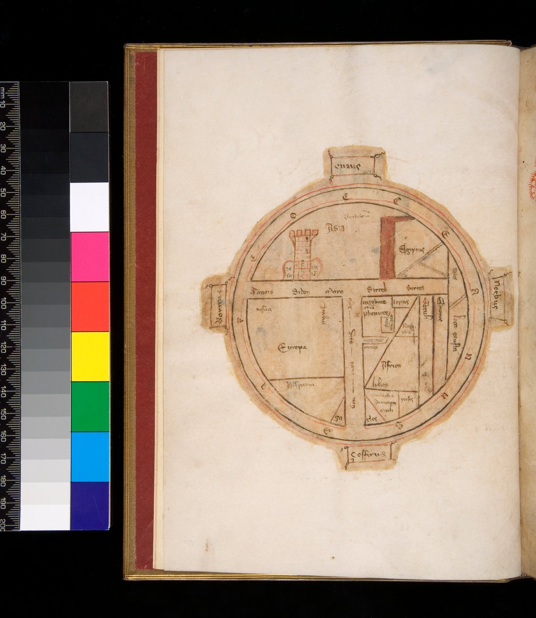 Ms 315. Horace, Ars Poetica og Epistulae, f.1v. T-O Kort over verden, med et tårn, der repræsenterer Jerusalem af Italian School