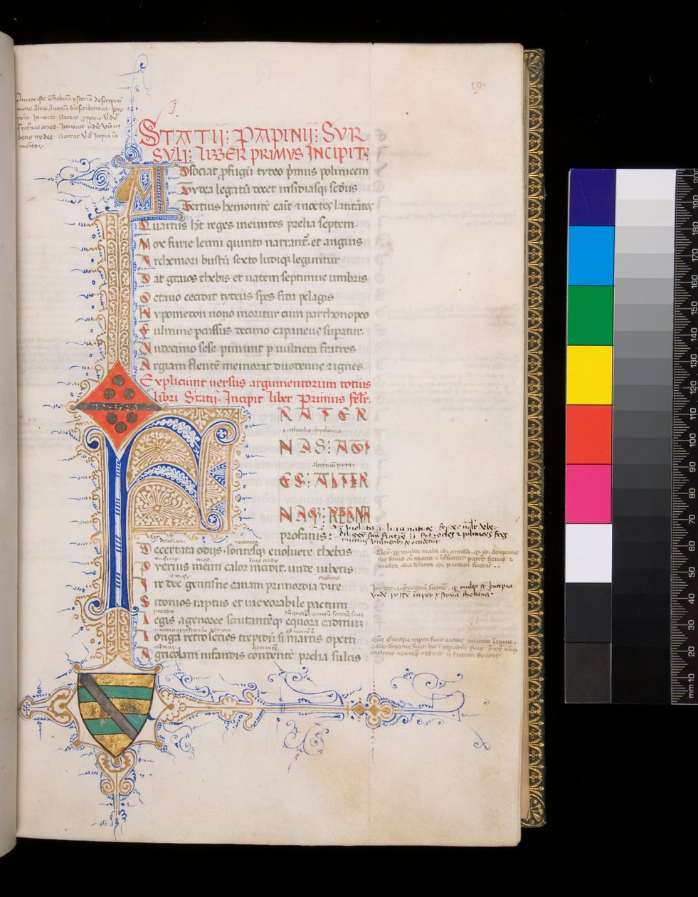 Fru 329. Statius, Thebaid, f.19r. Oplyst initial [F] i blåt med forbeholdt dekoration til spidsen, og mindre initial [A] i guld til argumentum, og indviklet kontrasterende pen-opblomstring af guld og blå, der strækker sig til at danne en L-formet foliate b af Italian School