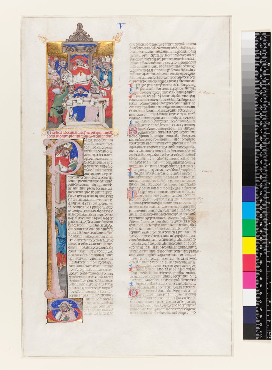 Ms 331 fol.1r Side med tekst med et historisk initialt P og en miniature, der viser en kardinal på tronen, fra Bog V i Gregor IX. Decretals, fra Bologna, ca. 1350 af Italian School