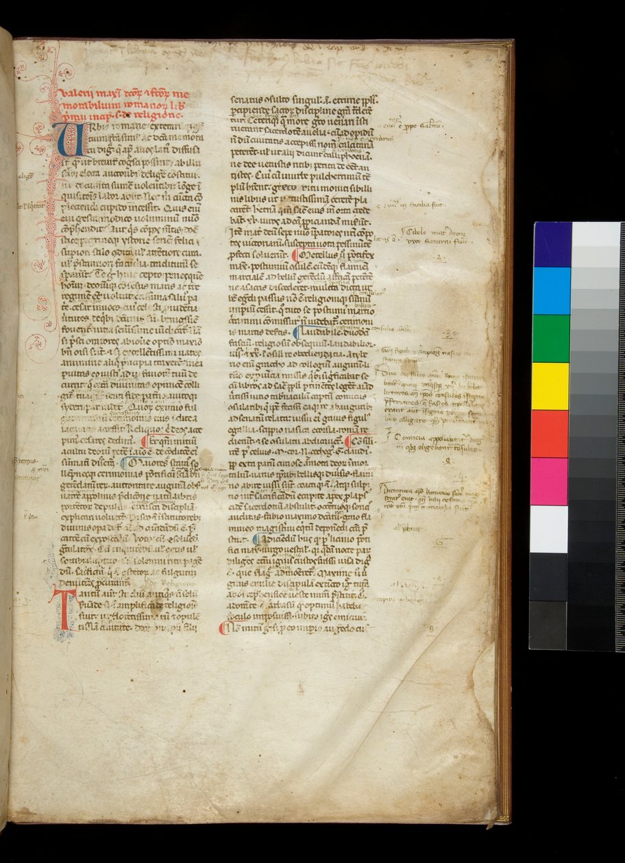 Fru 361. Valerius Maximus Eksempel på en afrundet gotisk halvfirkantet boghånd og farvede initialer med kontrasterende pen-blomstret dekoration af Italian School