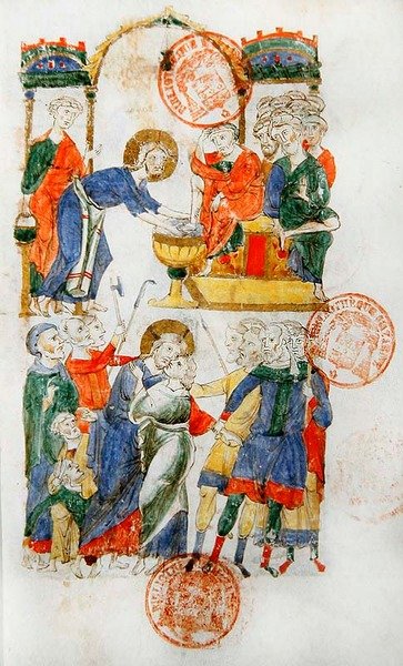 Ms 364 Jesus vasker disciplenes fødder under den sidste nadver og Judas kys, fra Breviary of Monte Cassino (vellum) af Italian School