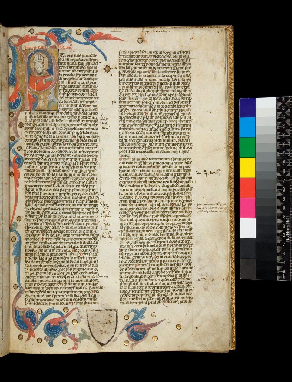 Ms 370. Orosius, Historiarum Adversum Pagans Free Seventh, f.2r. Oplyst beboet initial [P], med portræt af forfatter klædt som en biskop og delvis kant med blademotiver, Bologna eller Padova af Italian School