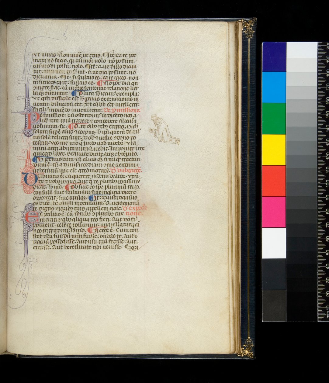 Ms 373. Pseudo-Cicero, Rhetorica ad Herennium, and other works, f.50r. Pen-flourished initials and a penwork decoration in the margin representing a kneeling barefoot monk, c.1337dani af Italian School