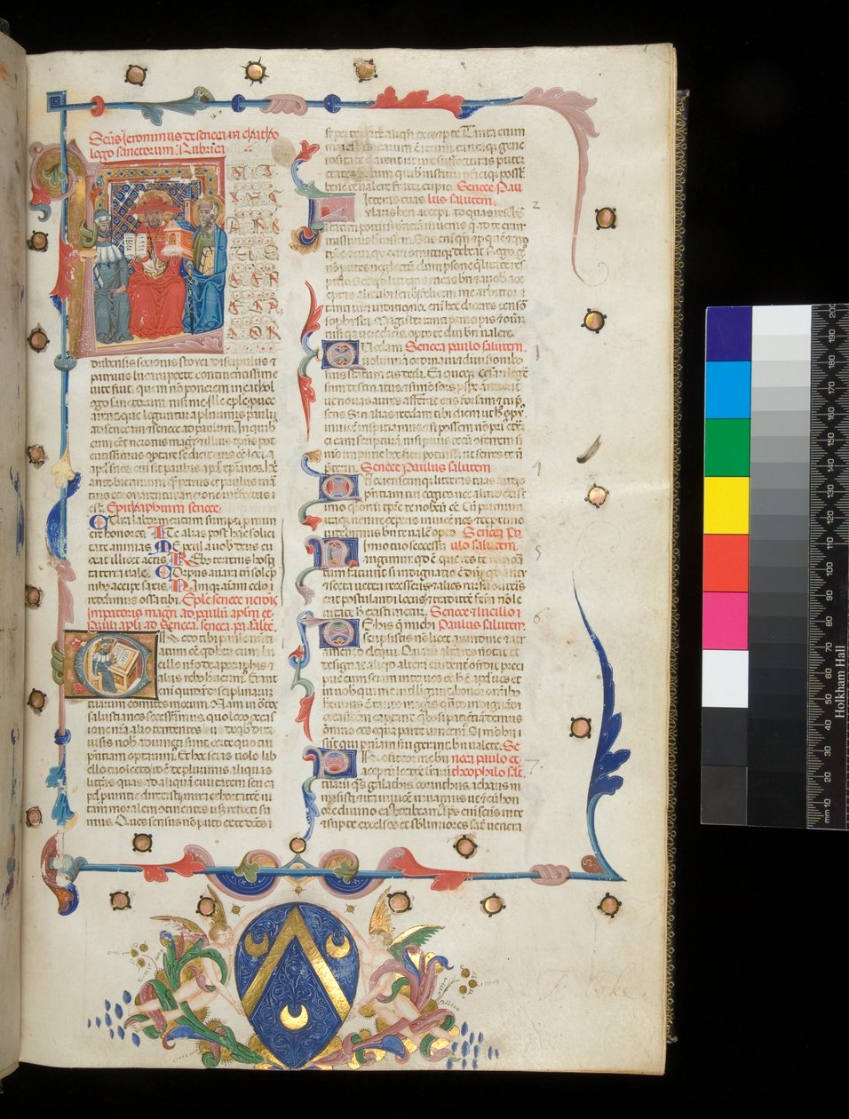 Fru 390. Seneca den Yngre, Opera og Seneca den Ældre, Excerpta controversiarum, f.1r. Indledende side med historisk initial [L] der huser Jerome, St. Paul og Seneca, Veneto af Italian School