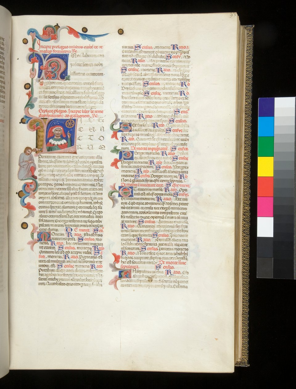 Fru 390. Seneca den Yngre, Opera og Seneca den Ældre, Excerpta controversiarum, f.95r. Beboet initial [L], med portræt af Seneca pegende på Lykkehjulet og på en nedslået mandsfigur i grænsen af Italian School