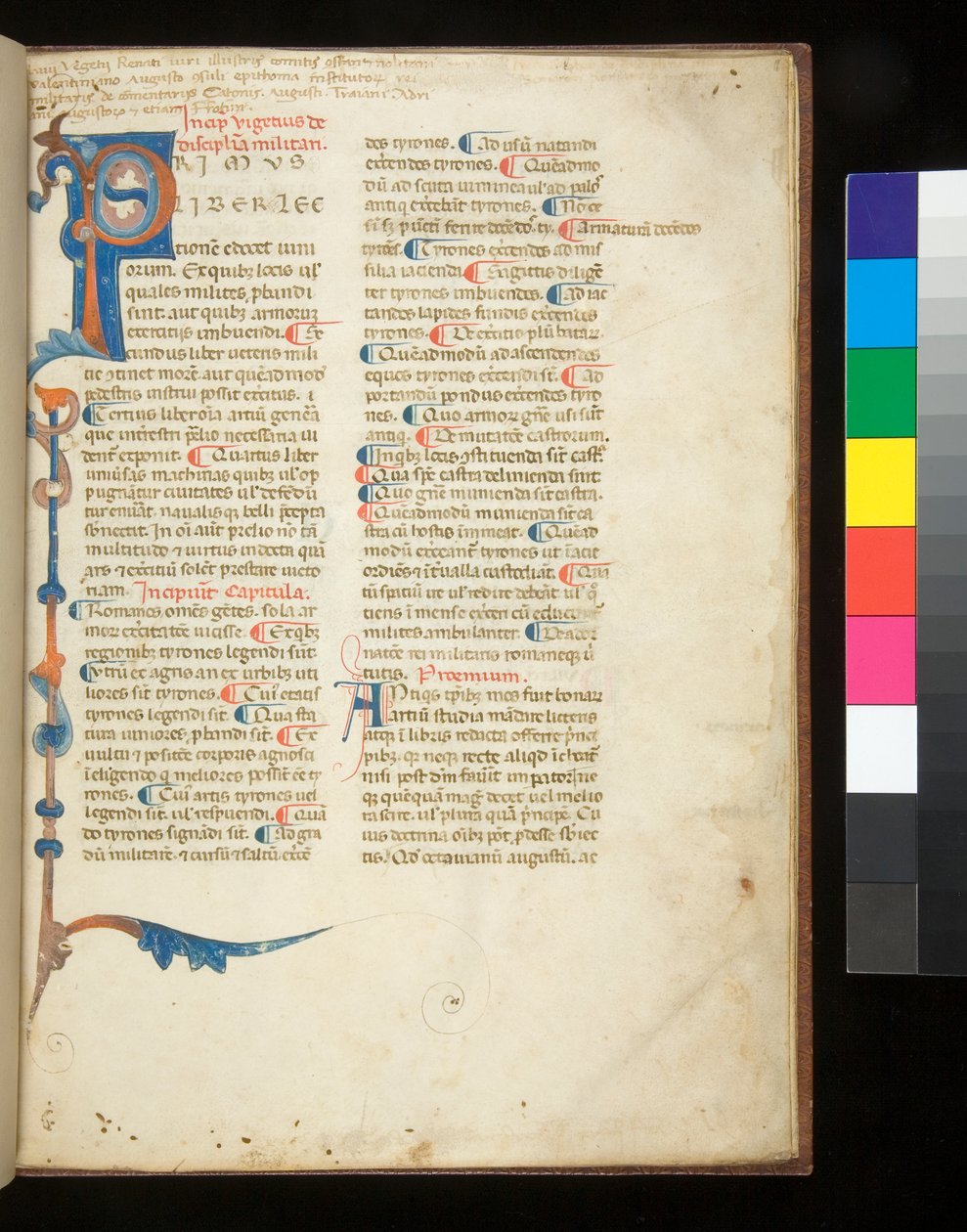 Ms 398. Vegetius, Epitoma rei militaris, f.1r. Dekoreret initial [P], der strækker sig til at danne en delvis kant af stave og akantus, Padua?, slutningen af det 13. århundrede (pergament) af Italian School