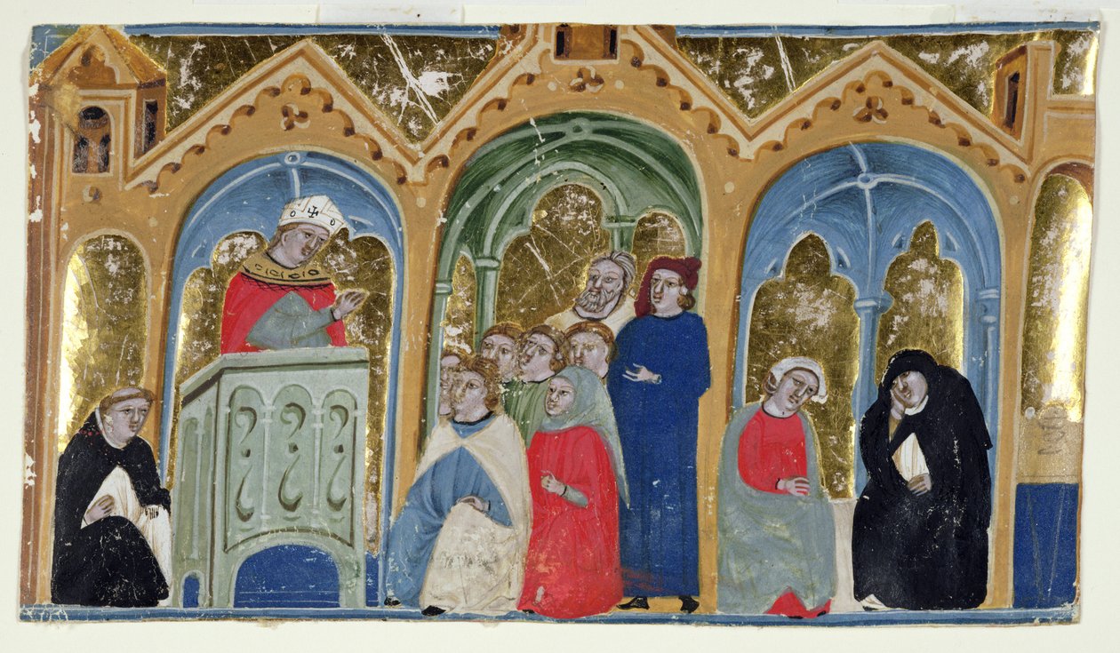 Ms. 400-2000: Miniature fra Gratians Decretum, der viser en biskop, der prædiker for en menighed, ca. 1325-30 af Italian School