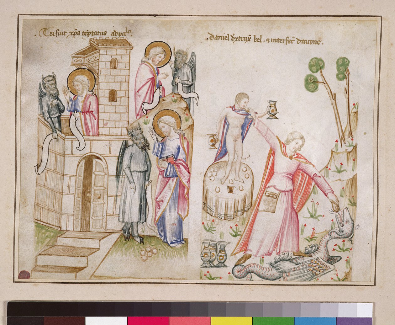 Ms 43-1950 (5v) Christs Temptation, Daniel ødelægger Bel, fra Speculum Humanae Salvationis af Italian School