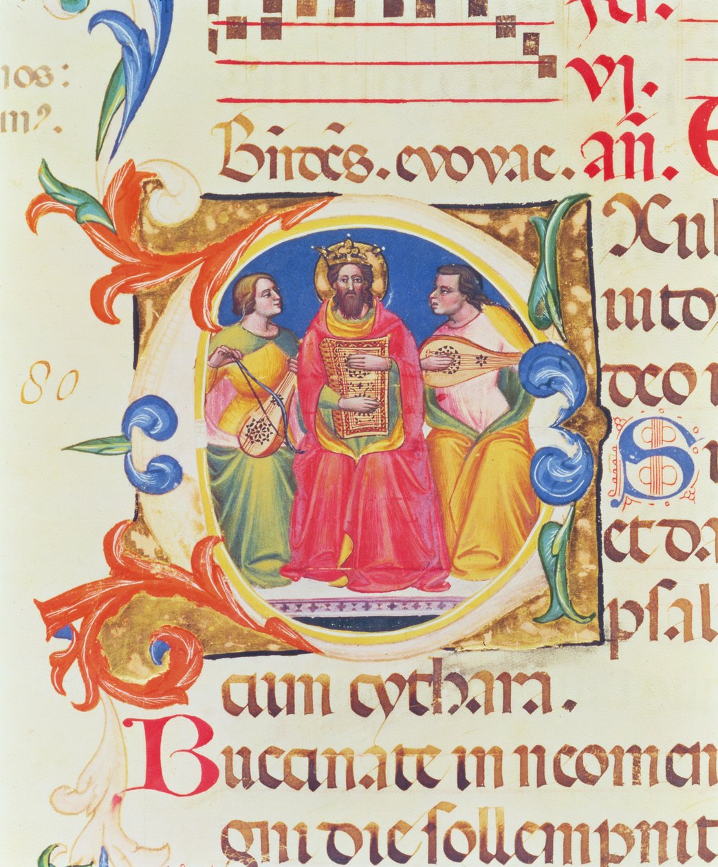 Frk. 559 f.155v Historikert initial O, der forestiller kong David og to engle, fra Psalter of Santa Maria Novella, belyst af Paolo Soldini (fl.1342-86) 1379 af Italian School