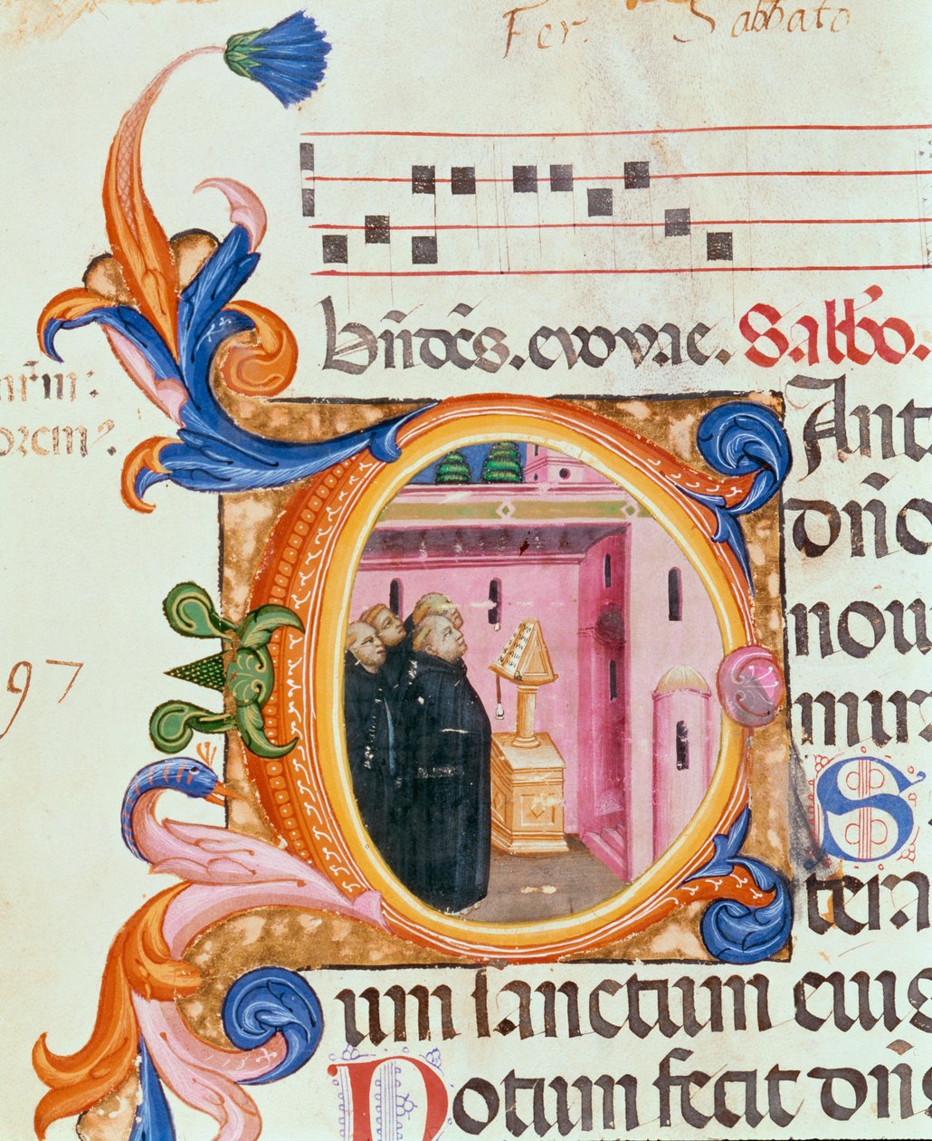 Ms 559 f.176f Historikeret initial C, der forestiller munke, der ser på en tekst, fra Psalter of Santa Maria Novella, belyst af Paolo Soldini (fl.1342-86) 1379 af Italian School
