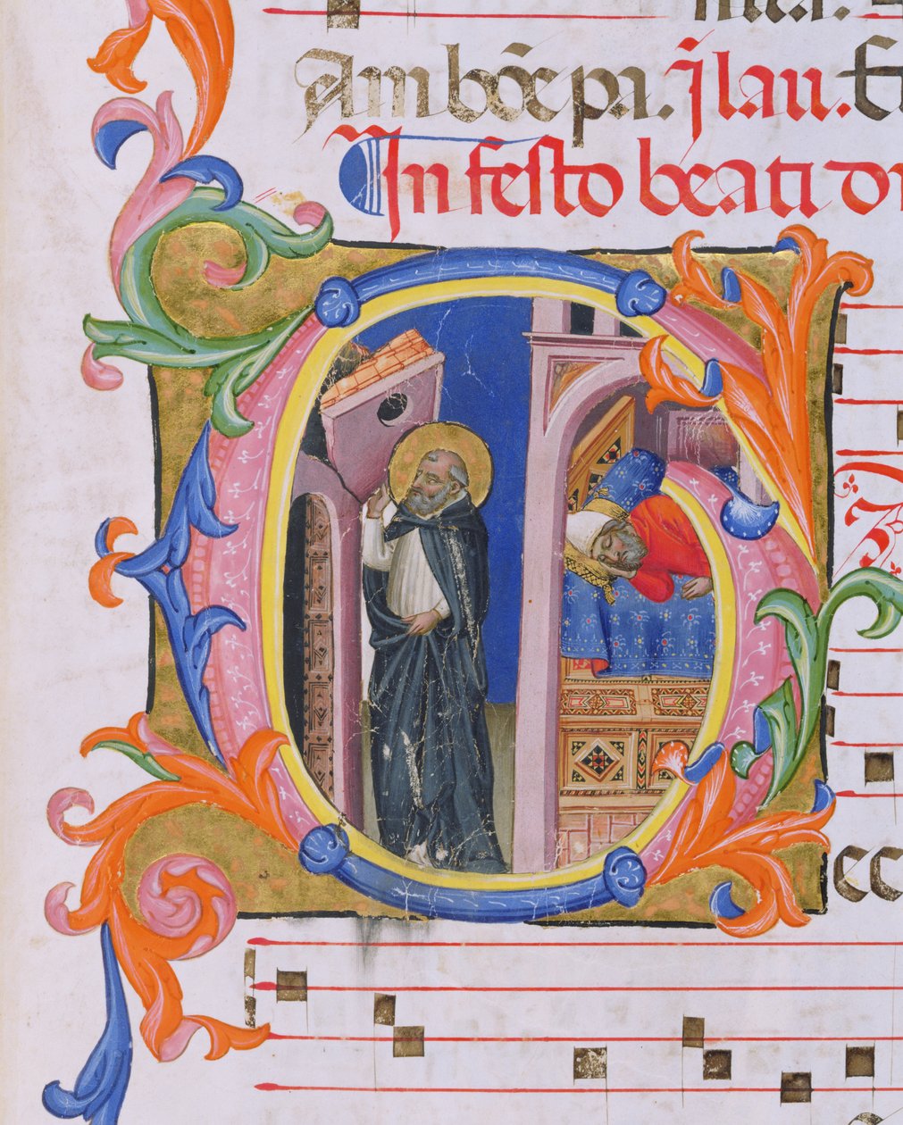 Ms 559 f.298v Historikert initial G, der skildrer St. Dominic, der opretholder kirken og drømmen om pave Honorius III (1216-27) fra Psalter H fra San Marco e Cenacoli af Italian School