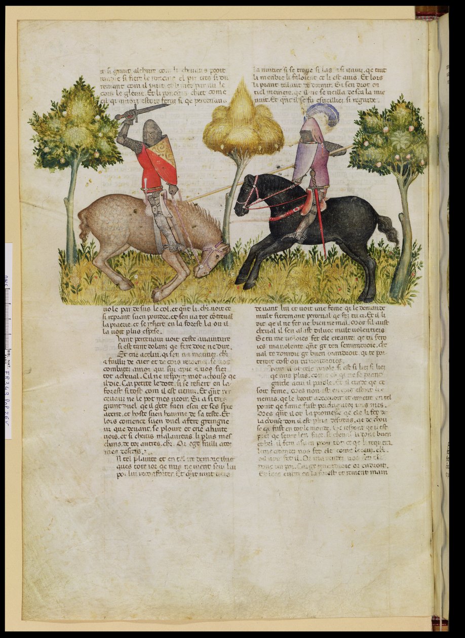 Fr 343 fol.26v Sir Percivals hest er dræbt, fra Queste del Saint Graal, c.1380-85 af Italian School