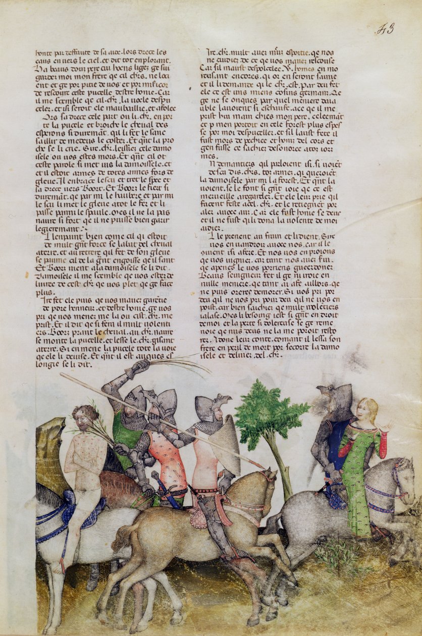 Fr 343 fol.43 En ridder af det runde bord, Sir Bors, er tvunget til at træffe et valg mellem at redde sin bror Lionel eller redde en pige fra Queste del Saint Graal, ca. 1380-85 af Italian School