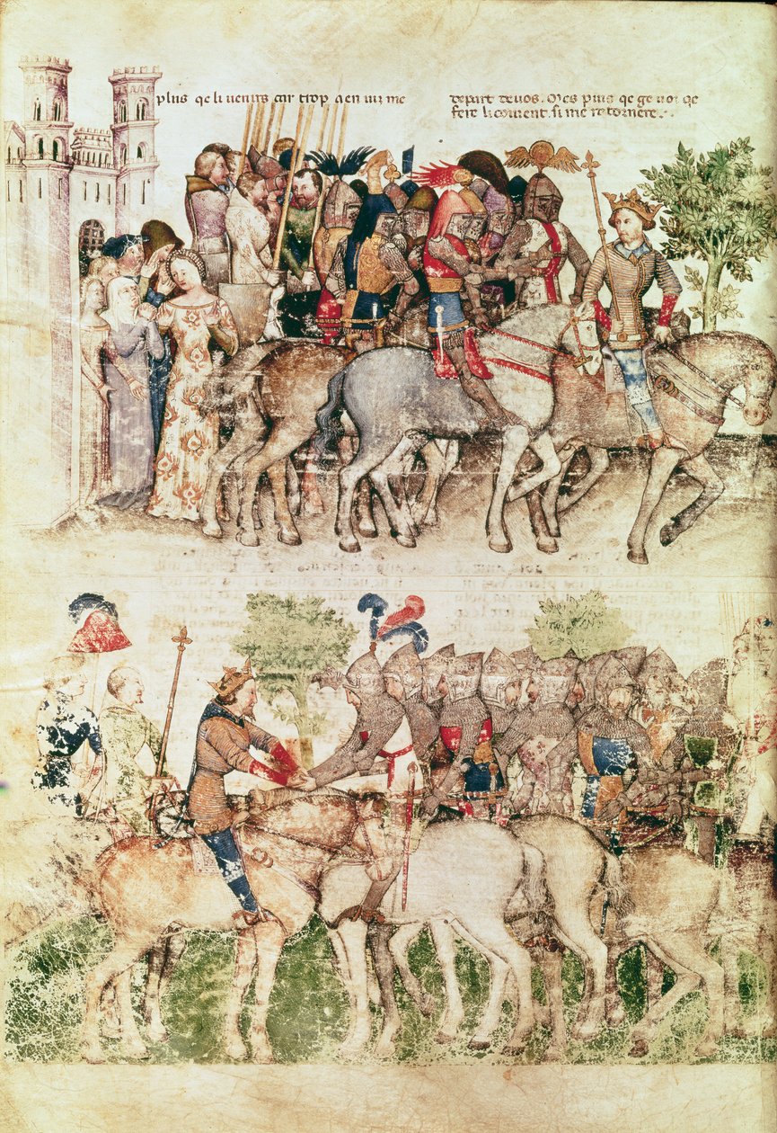 Fr 343 fol.8v Arthur og hans riddere begiver sig ud på jagten efter den hellige gral, fra Queste del Saint Graal, ca. 1380-85 af Italian School