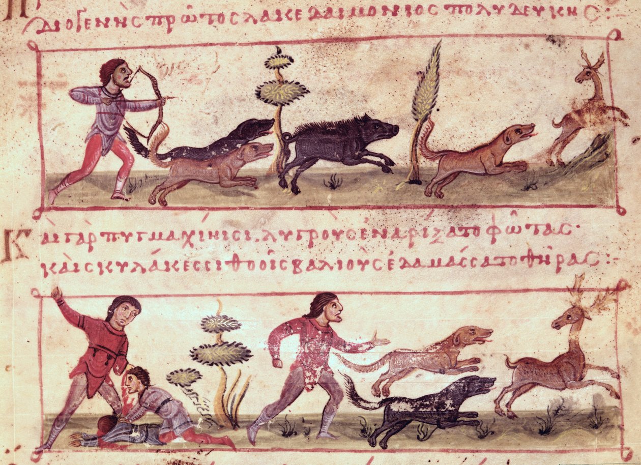 Ms Grec 479 Deer Hunting, illustration fra Cynegetica af Oppian (tempera på vellum) af Italian School