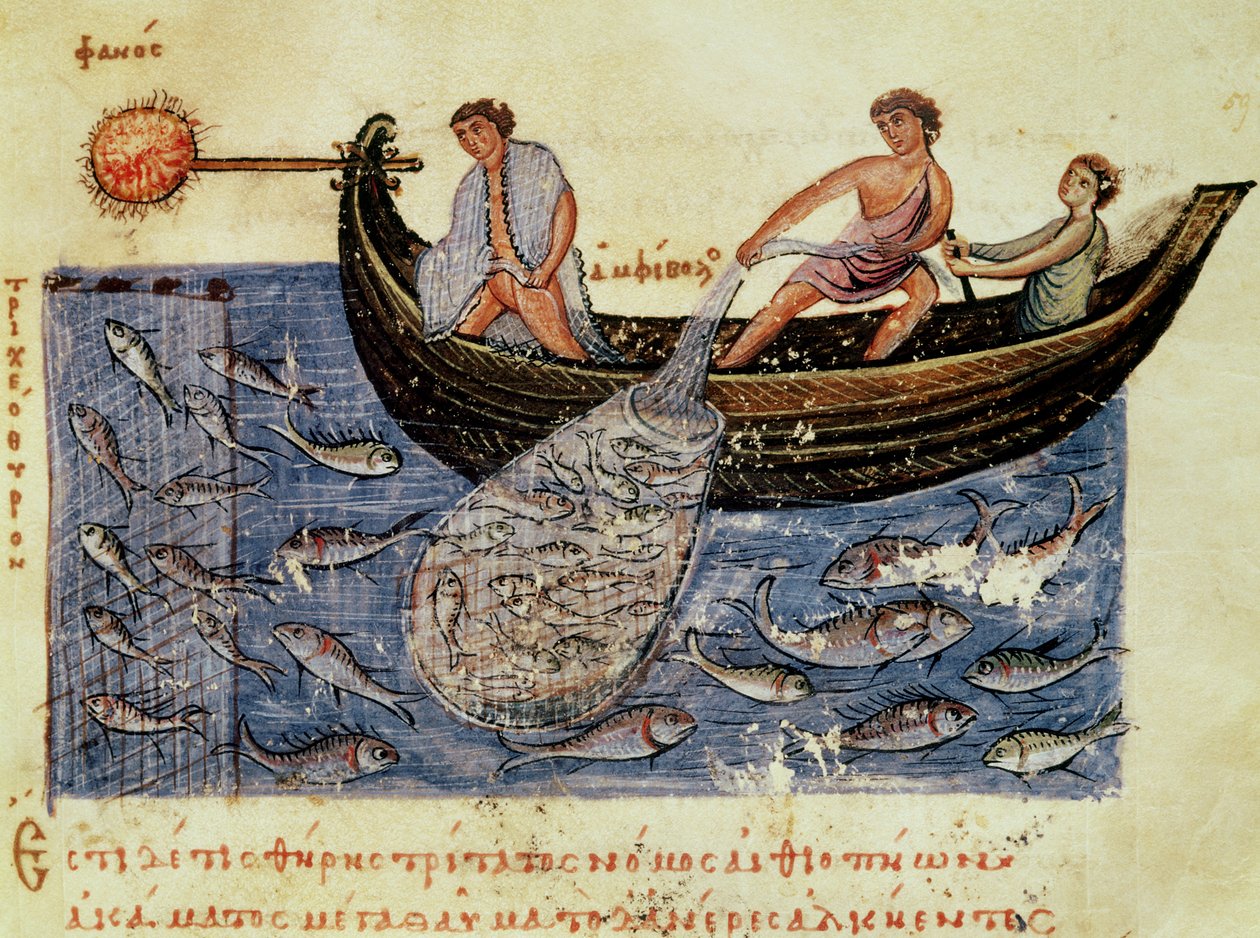 Ms Grec 479 Fishing with a Net, illustration fra Halieutica af Oppian (tempera på vellum) af Italian School