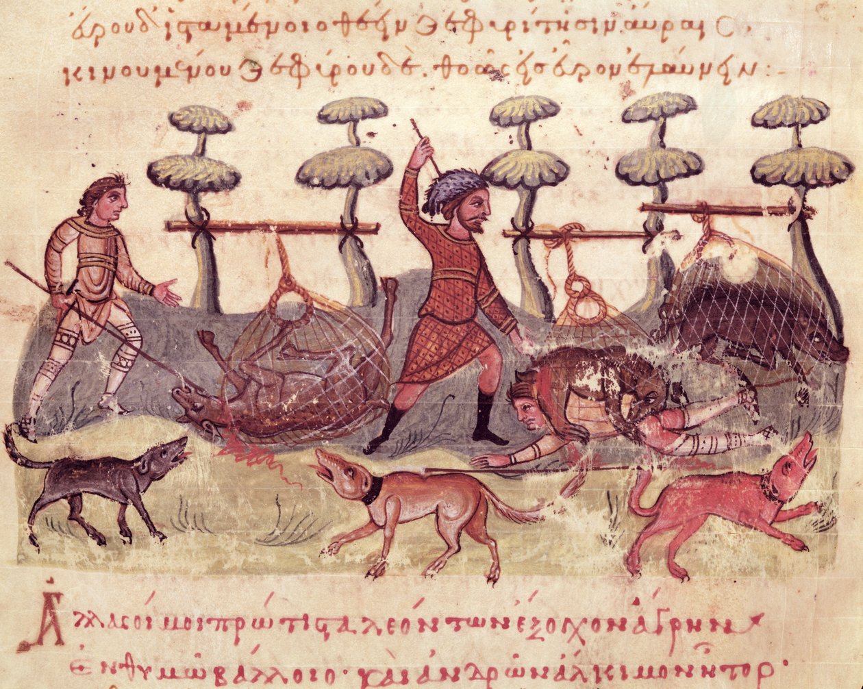 Ms Grec 479 Jagt med net, illustration fra Cynegetica af Oppian (tempera på vellum) af Italian School