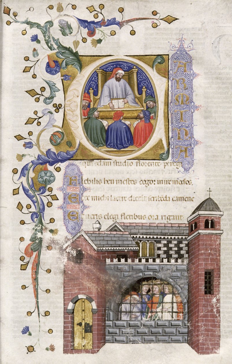 Ms Hunter 374 f.4r Boethius med Studenter i Fængsel, fra De Consolation Philosophiae cum Commento, 1385 af Italian School