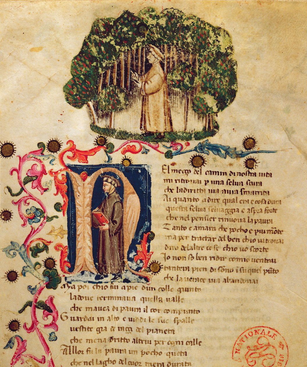 Ms It.474 Åbningsscene fra Dantes "Den guddommelige komedie" med Dantes figur i den mørke skov (pergament) af Italian School