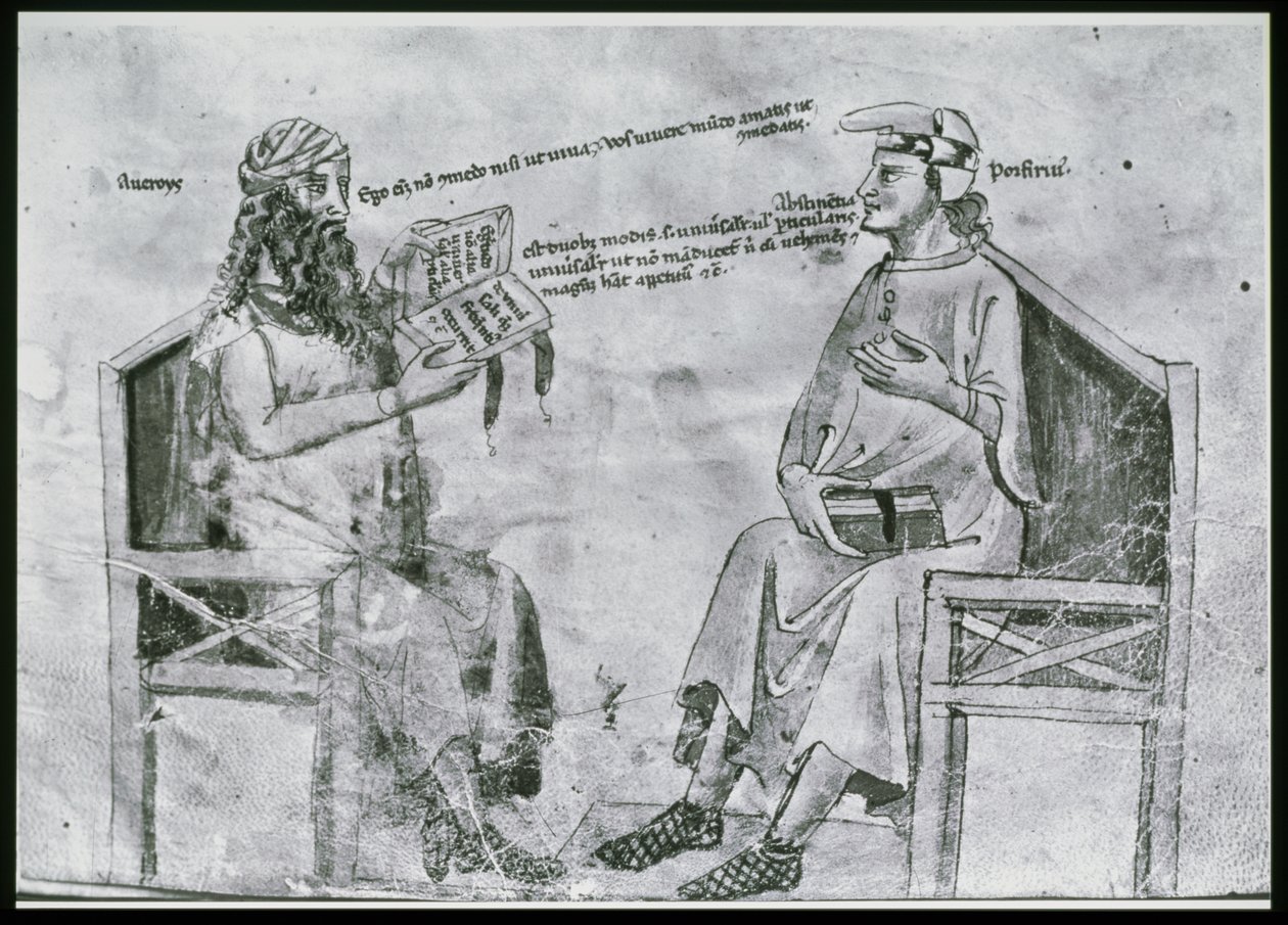 Ms Lat 6823 fol.2 Averroes (1126-98) i samtale med porfyr (c.232-c.305) (pen & blæk og vask på papir) af Italian School