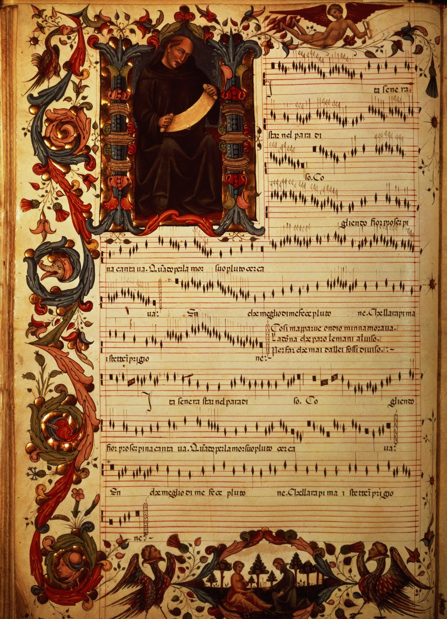 Fru Med. Pal. 87 side med musiknotation med historisk initial, fra Squarcialupi Codex, produceret i det florentinske kloster S. Maria degli Angeli (vellum) af Italian School