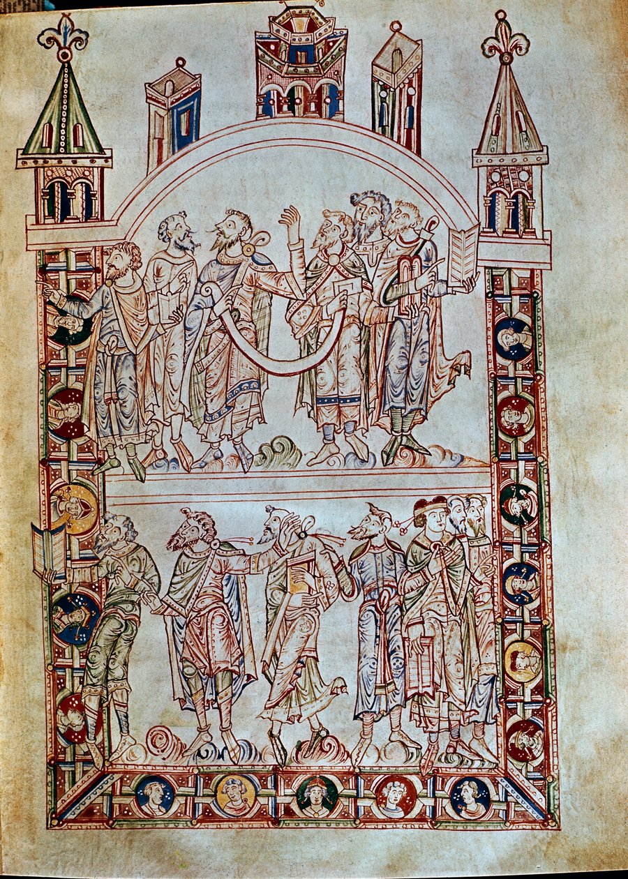 Ms. Plut.12.17 f.4r Disciple af St. Augustine, fra De Civitate Dei, (11.-12. århundrede) af Italian School