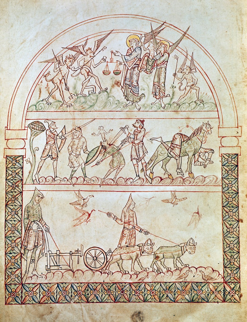 Ms. Plut. 12.17, c. 1b, Den jordiske by med menneskehedens strabadser og ulykker og en sjæls dom, fra The City of God af St. Augustin, 11.-12. af Italian School