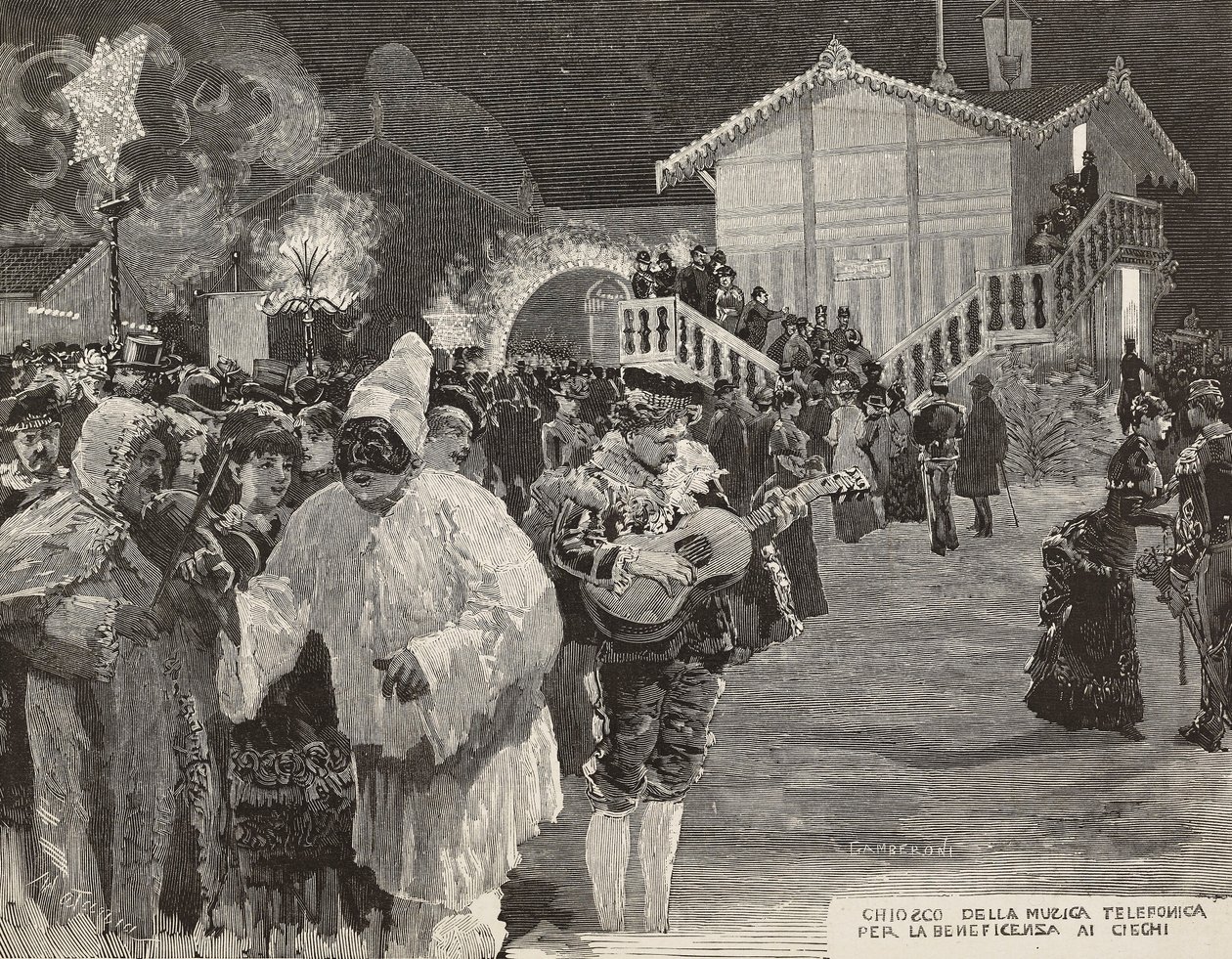 Musikkiosk til at rejse penge til blinde, Pulcinella-maske, karneval i Napoli, Italien, gravering fra tegning af Matania, gravering af Gamberoni fra L