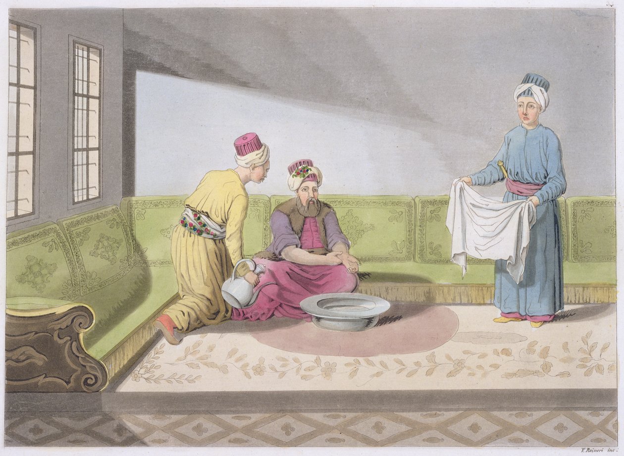 Muslim Performing his Ablutions, plade 34 fra del III, bind I af The History of the Nations, indgraveret af V. Raineri (akvatint) af Italian School