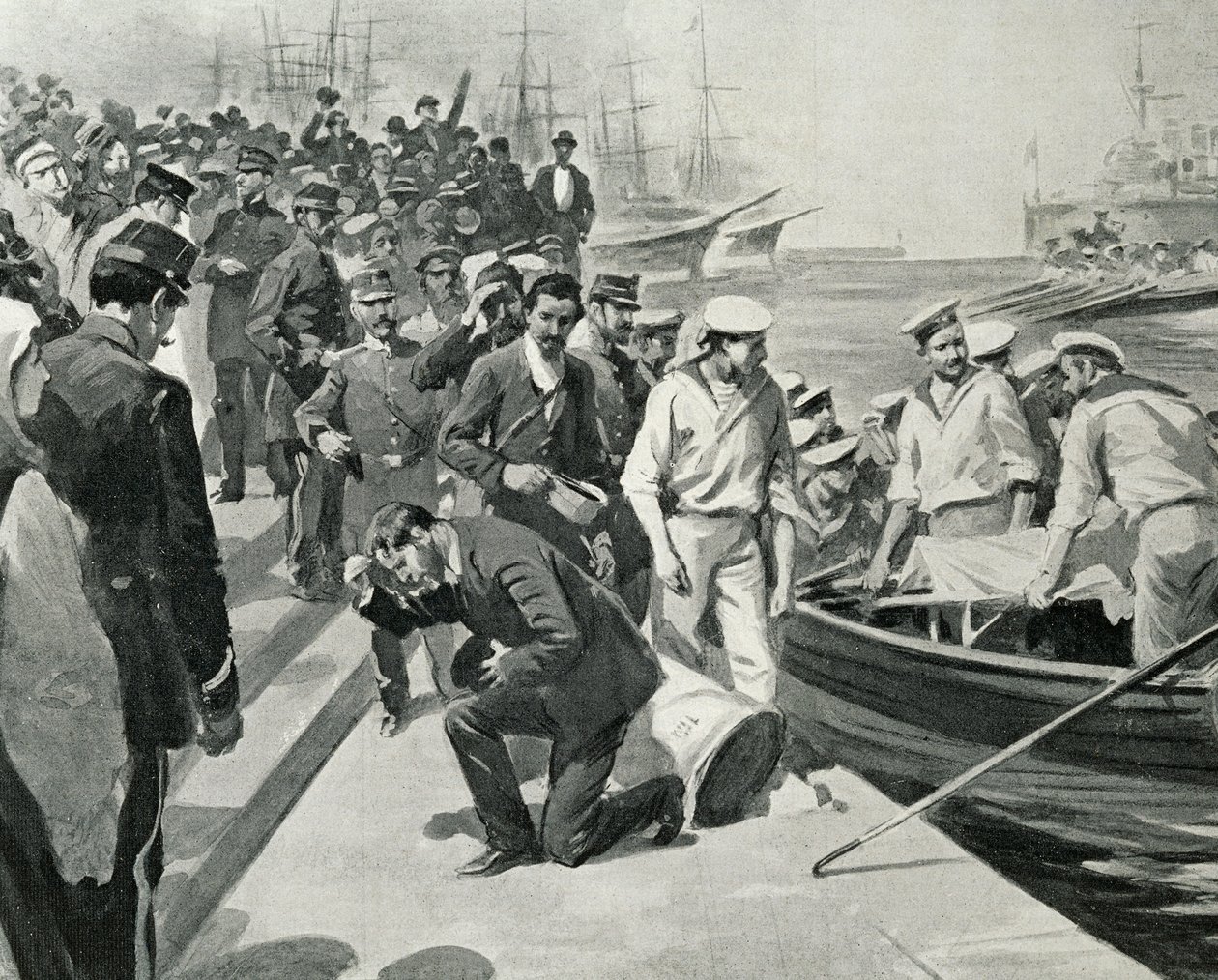 Mytteri på det russiske slagskib Potemkin, der går i land i havnen i Constanta i Rumænien, Illustration fra L