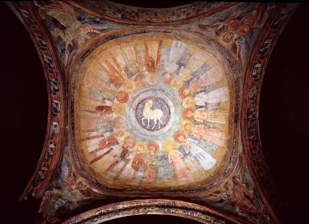 Mystisk lam omgivet af helgener og engle - Fresco af Italian School