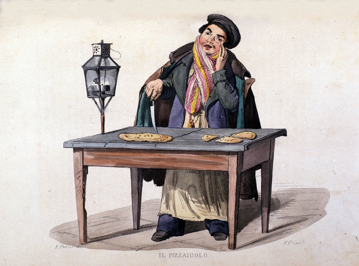 Napoli, pizzasælger. Stik efter maleri af F. Palizza. Fra et værk af Francesco de Bourcard "" Costumes of the Kingdom of Napoli "" af Italian School