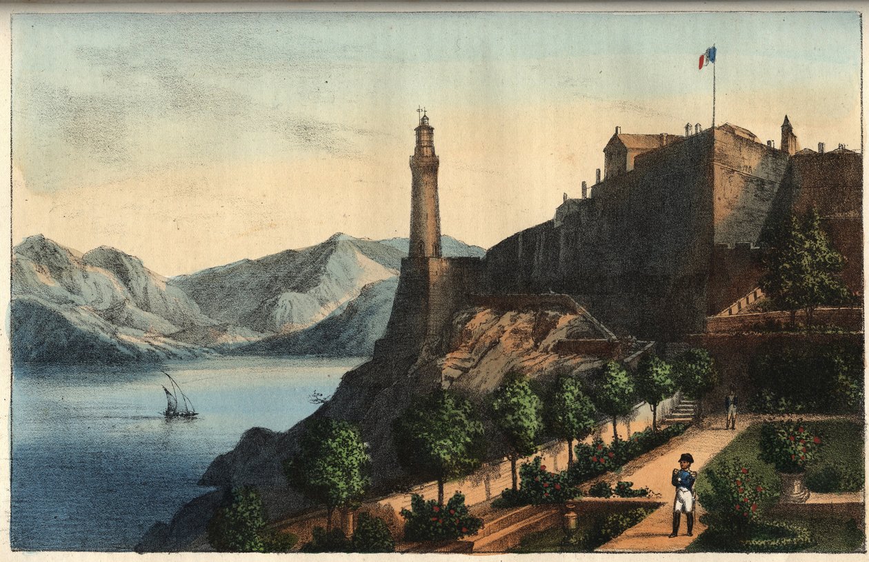 Napoleon ved Elba - Napoleon ved Elba - Portoferraio - Elba-øen - Napoleon i guvernørens have 1814-1815 - gravering fra "" Skikke og skikke for alle universets folk. Det er historien om regeringen, lovene, militsen, om alles religion af Italian School