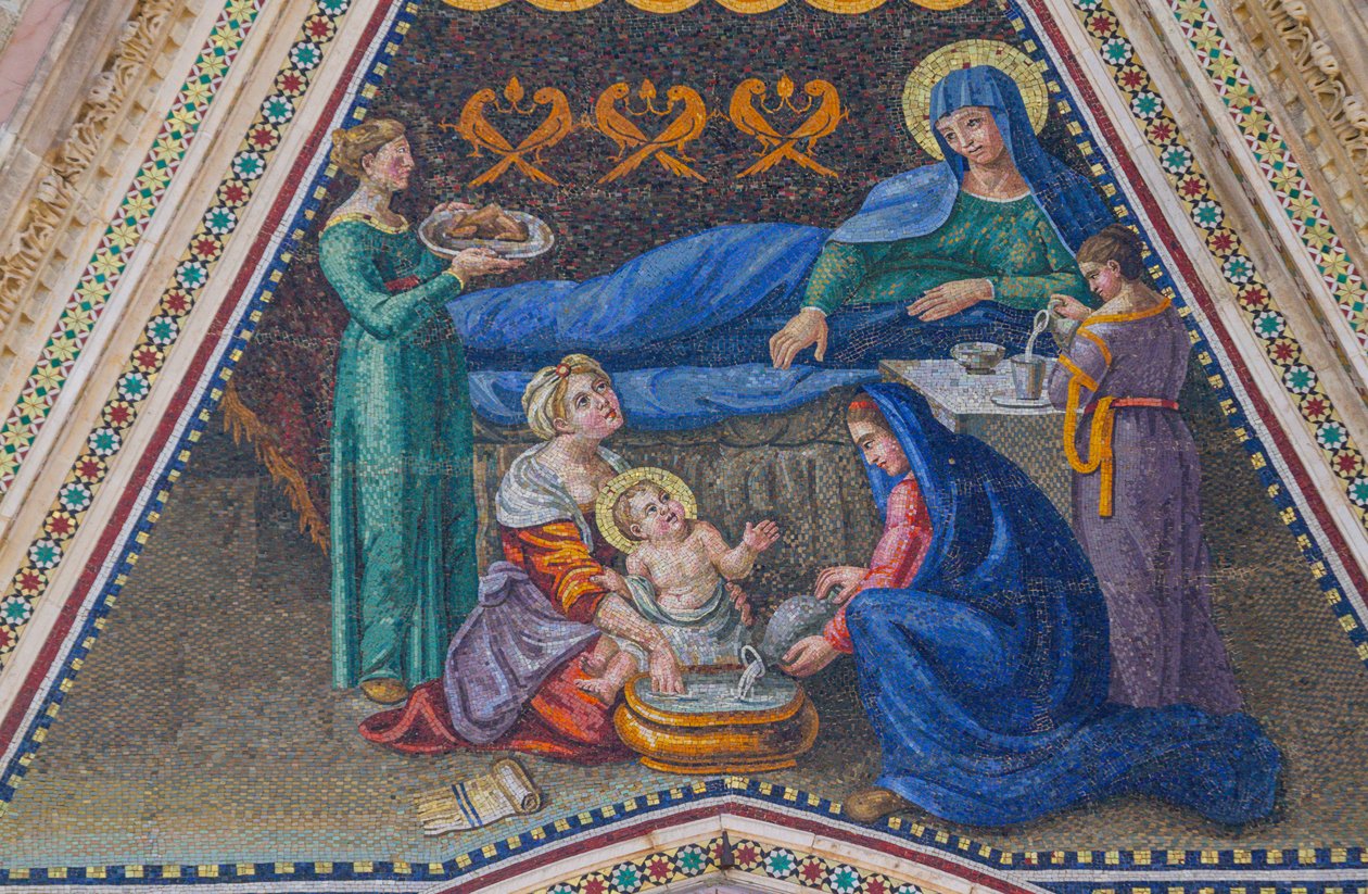 Marys fødsel, mosaik, gavl af sideindgang, mosaik, facade af Orvieto-katedralen, Umbrien, Italien af Italian School