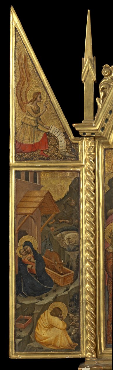 Fødsel med bebudelsens engel - ovenfor (venstre panel), ca. 1330-70 (tempera på panel) af Italian School