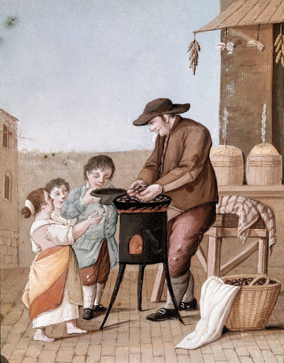 Napolitanske små metiers: sælgeren af kastanjer - (Gammel handel: kastanjesælger) Akvarel fra det 19. århundrede - Napoli Museo Nazionale di San Martino af Italian School