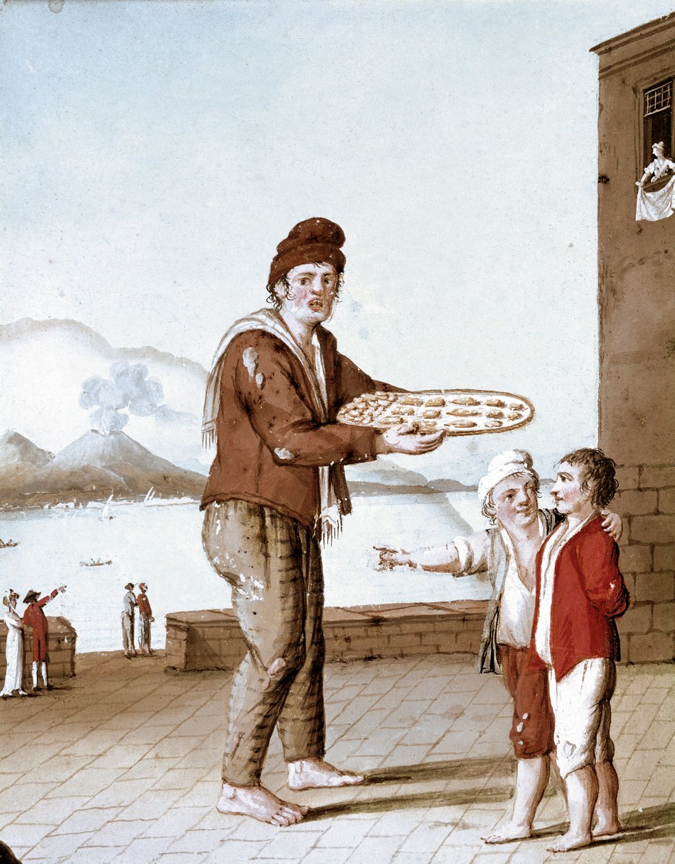Napolitanske små metiers: sælgeren af "" pasticiotti"" (napolitansk sand) - (Gammel handel: kikssælgeren) Akvarel fra det 19. århundrede - Napoli Museo Nazionale di San Martino af Italian School