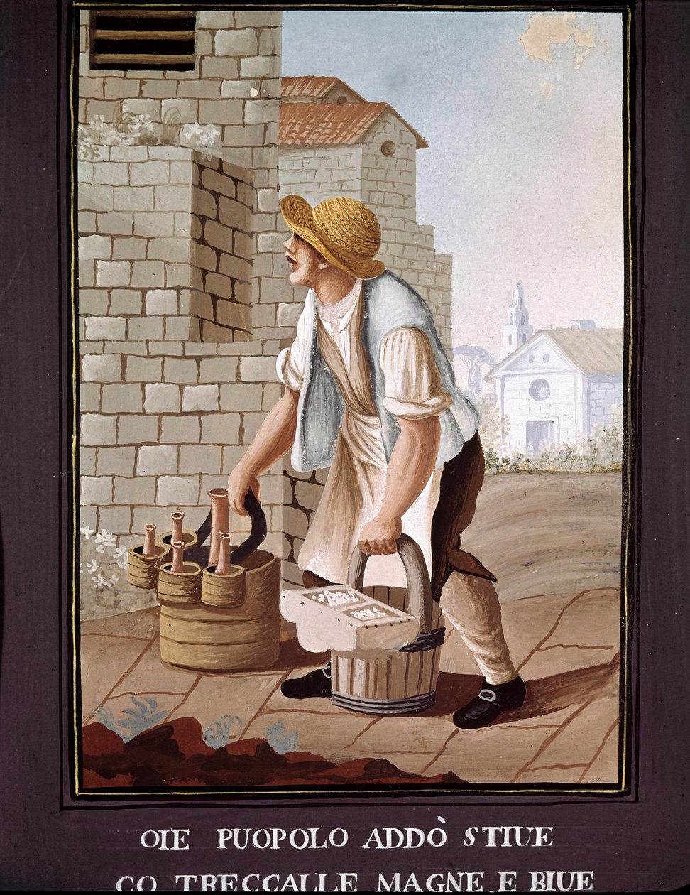 Napolitanske små metiers: den rejsende sælger af fødevarer (købmand) - (Gammel handel: den omrejsende købmand) Akvarel fra det 19. århundrede - Napoli Museo Nazionale di San Martino af Italian School