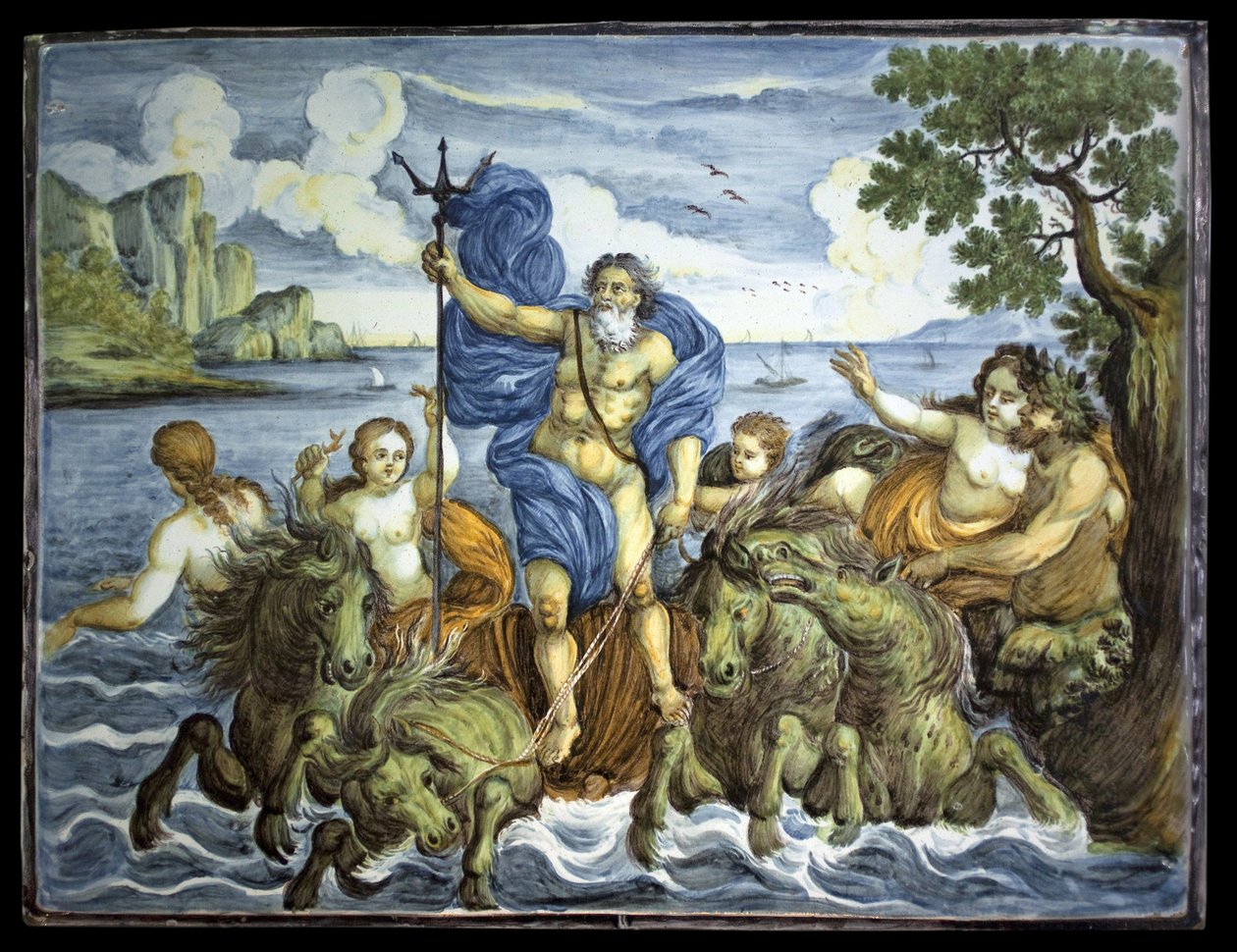 Neptun på sin tank og med en trefork. Rektangulær plade, dekoration af stor polykrom ild, lavet i Castelli, Italien af Italian School