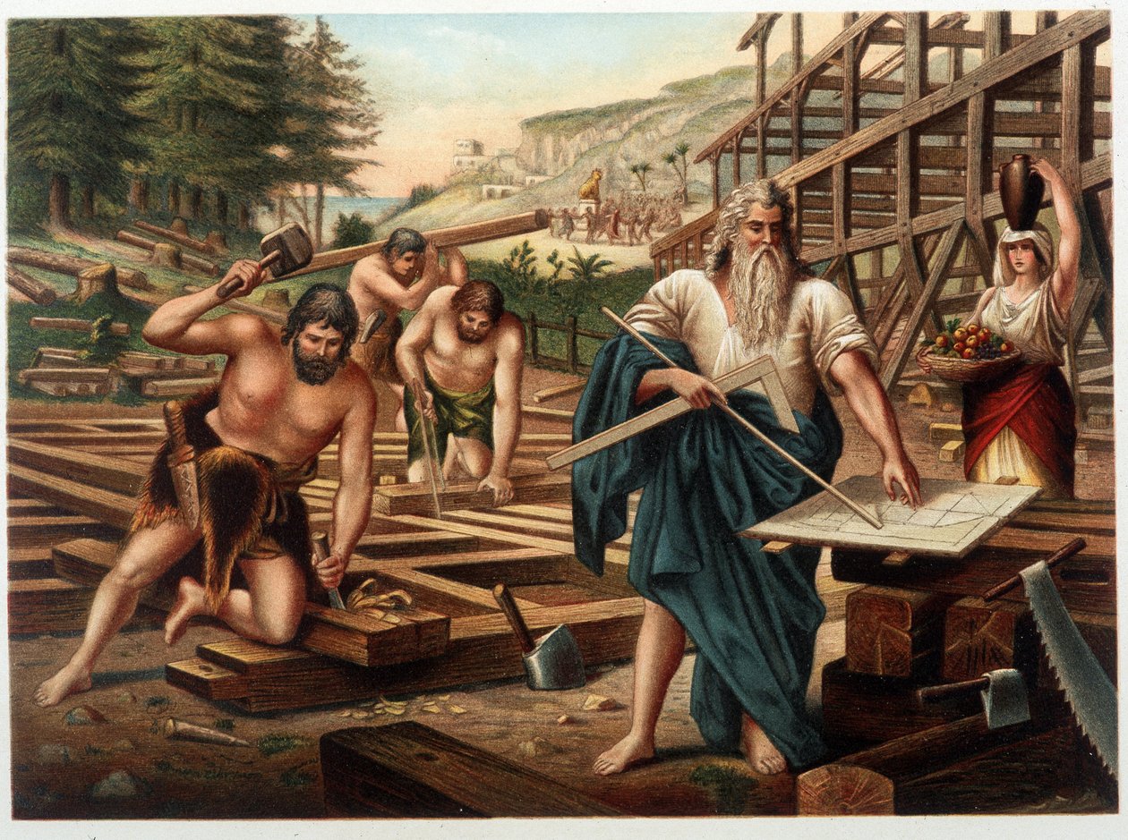 Noe og hans familie bygger arken (Noe ser på byggeplanen) i "" Golden classic Bible: history of divine openbaring in the old og i den nye afhandling "" "af Giovanni Ladislao Sykora (bind 1), oversat af Don Clemente Benetti (Italien af Italian School