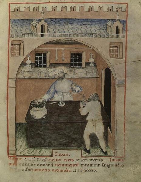 Nouv Acq Lat 1673 fol.39 En sælger af tørret kød, fra "Tacuinum Sanitatis", ca.1390-1400 (pergament) af Italian School