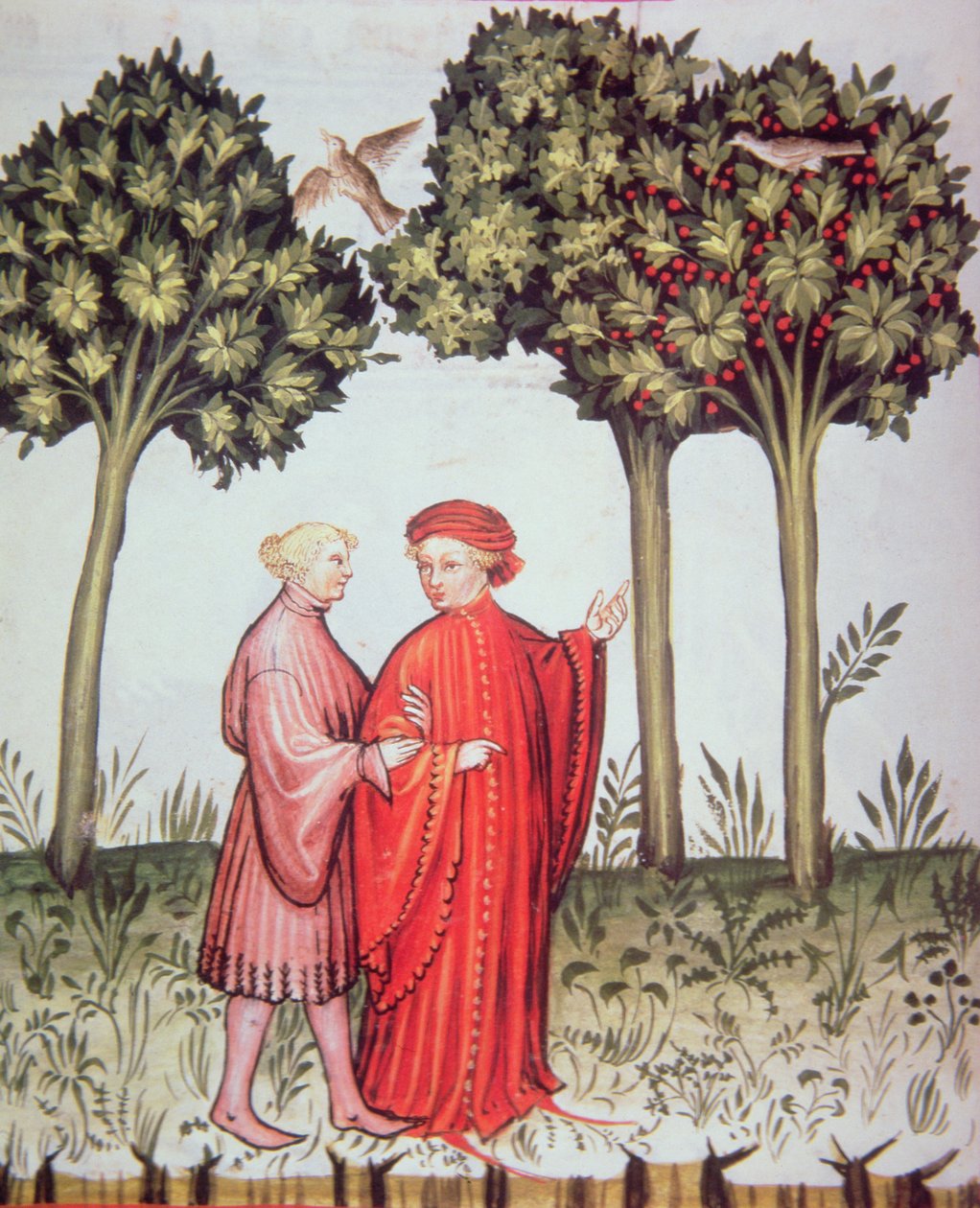 Nova 2644 fol.102v To venner ude at gå en tur sammen, fra Tacuinum Sanitatis Codex Vindobonensis (vellum) af Italian School