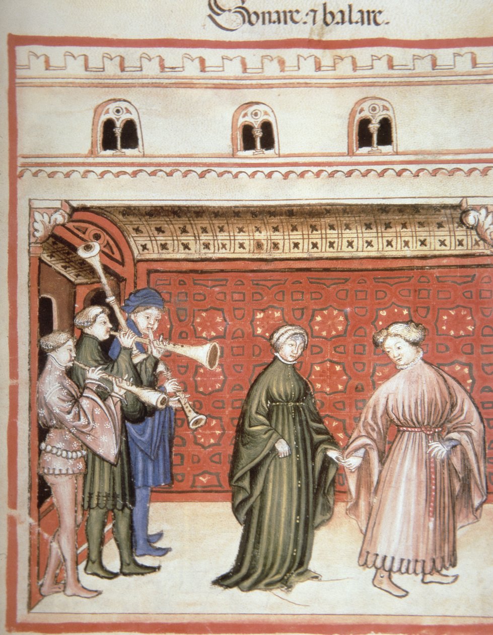 Nova 2644 fol.104r Musik og dans, fra Tacuinum Sanitatis af Italian School