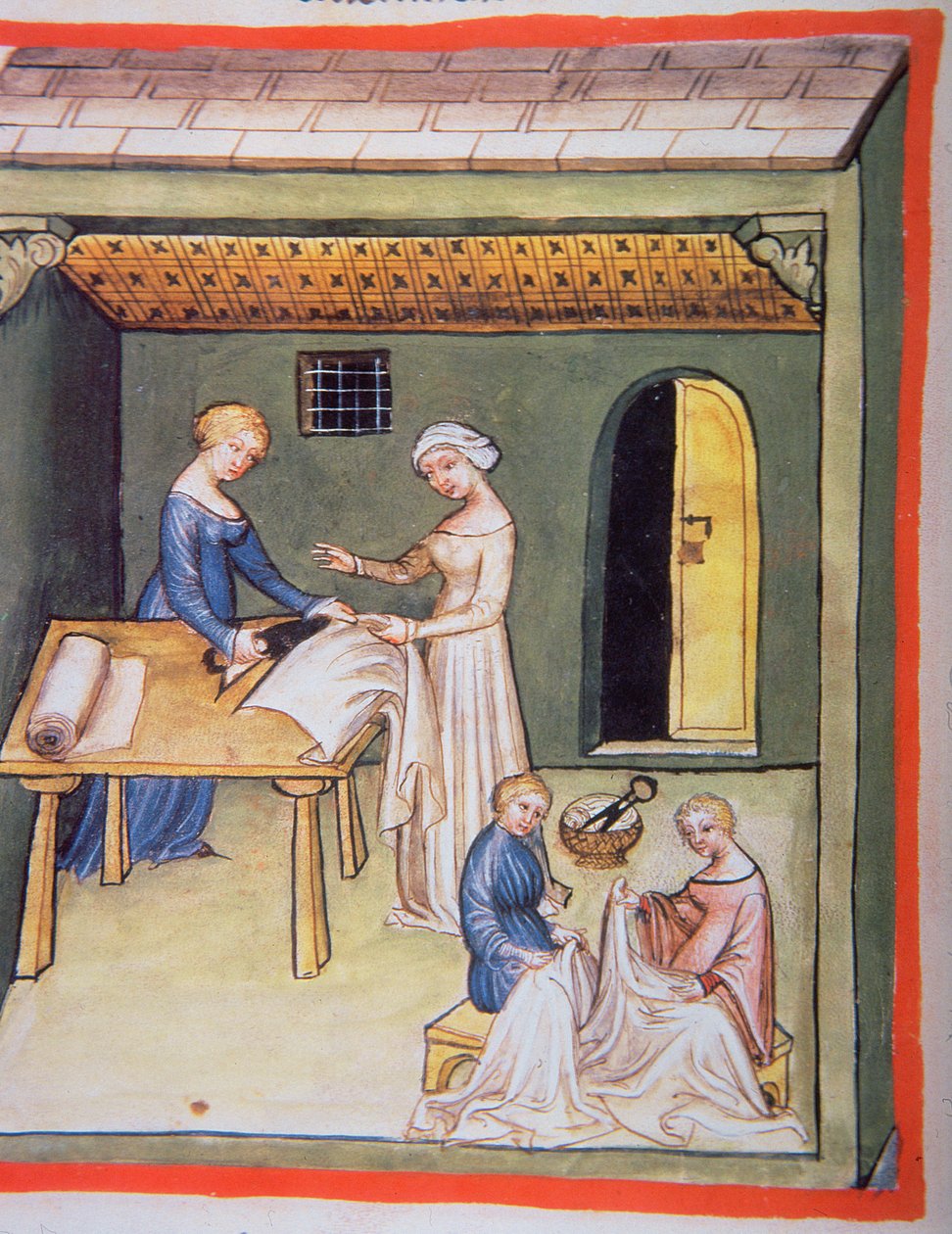 Nova 2644 fol.105v Skrædderbutikken: Tøj af linned, fra Tacuinum Sanitatis af Italian School
