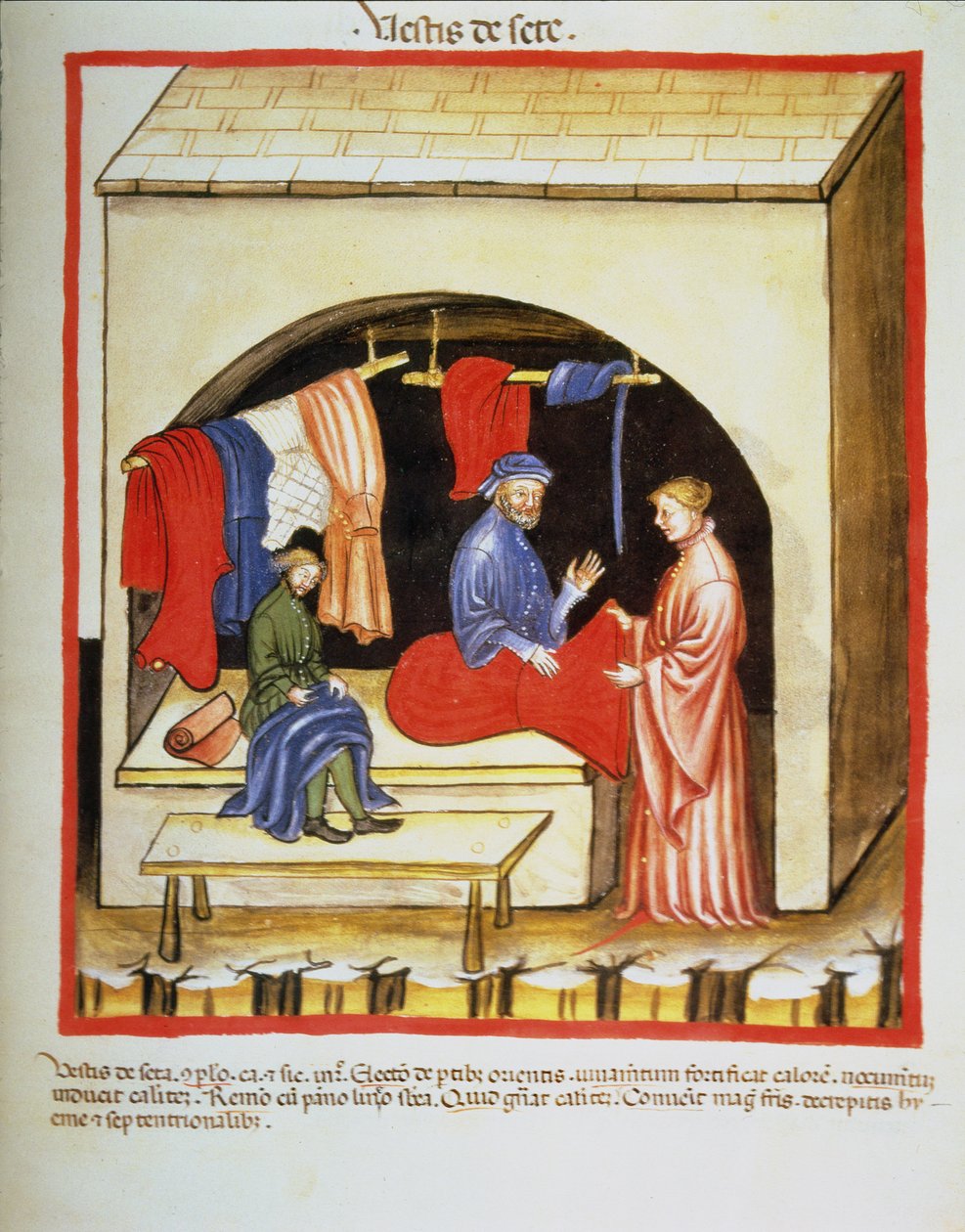 Nova 2644 fol.106r Skrædderbutikken: Silketøj, fra Tacuinum Sanitatis af Italian School