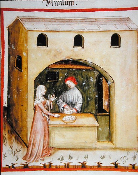 Nova 2644 fol.43r Sælger hvedestivelse, fra Tacuinum Sanitatis Codex Vindobonensis (på vellum) af Italian School