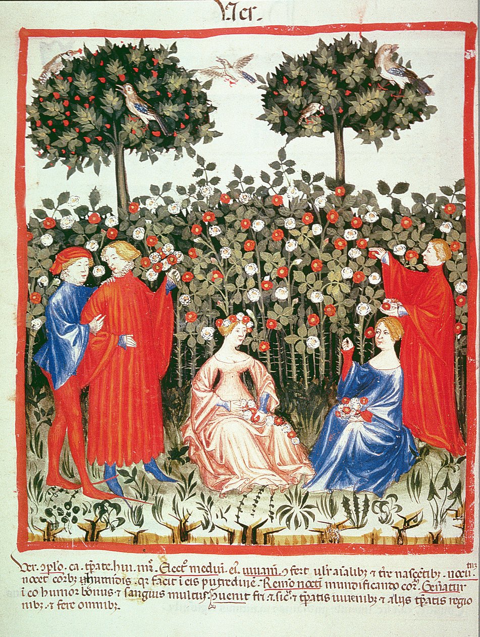 Nova 2644 fol.55v Forår: Indsamlingen af blomster, fra Tacuinum Sanitatis af Italian School