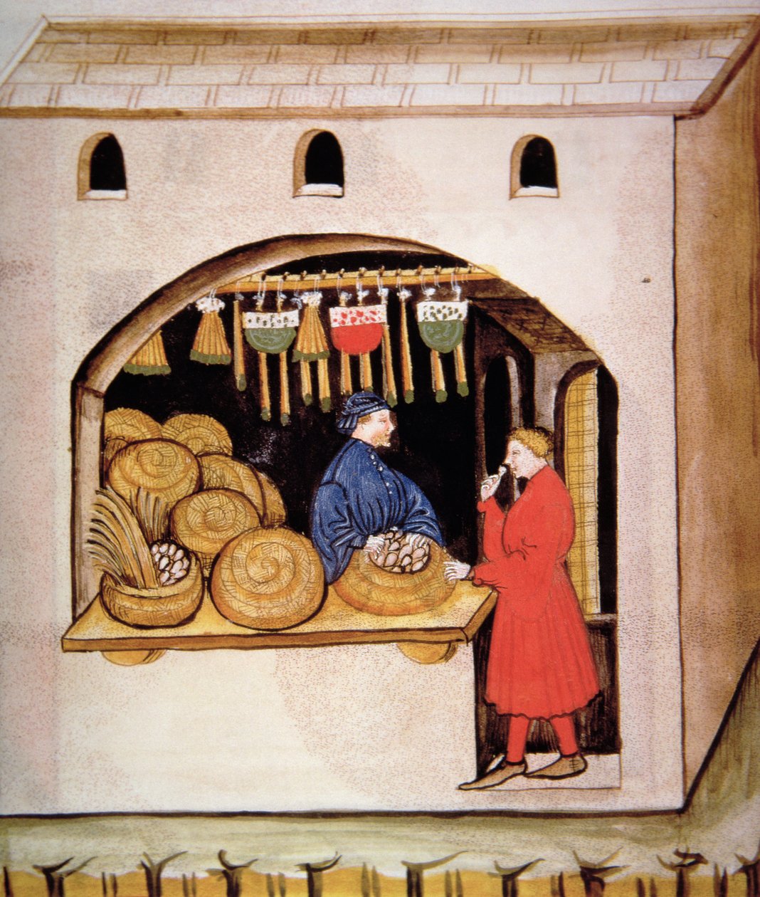 Nova 2644 fol.56v Salg af tørrede figner, fra Tacuinum Sanitatis af Italian School