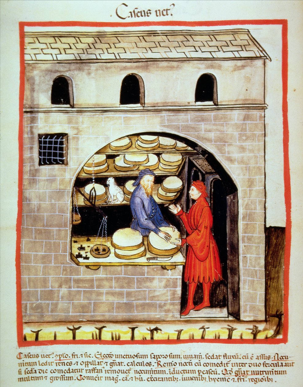 Nova 2644 fol.60v Sælger moden ost, fra Tacuinum Sanitatis af Italian School