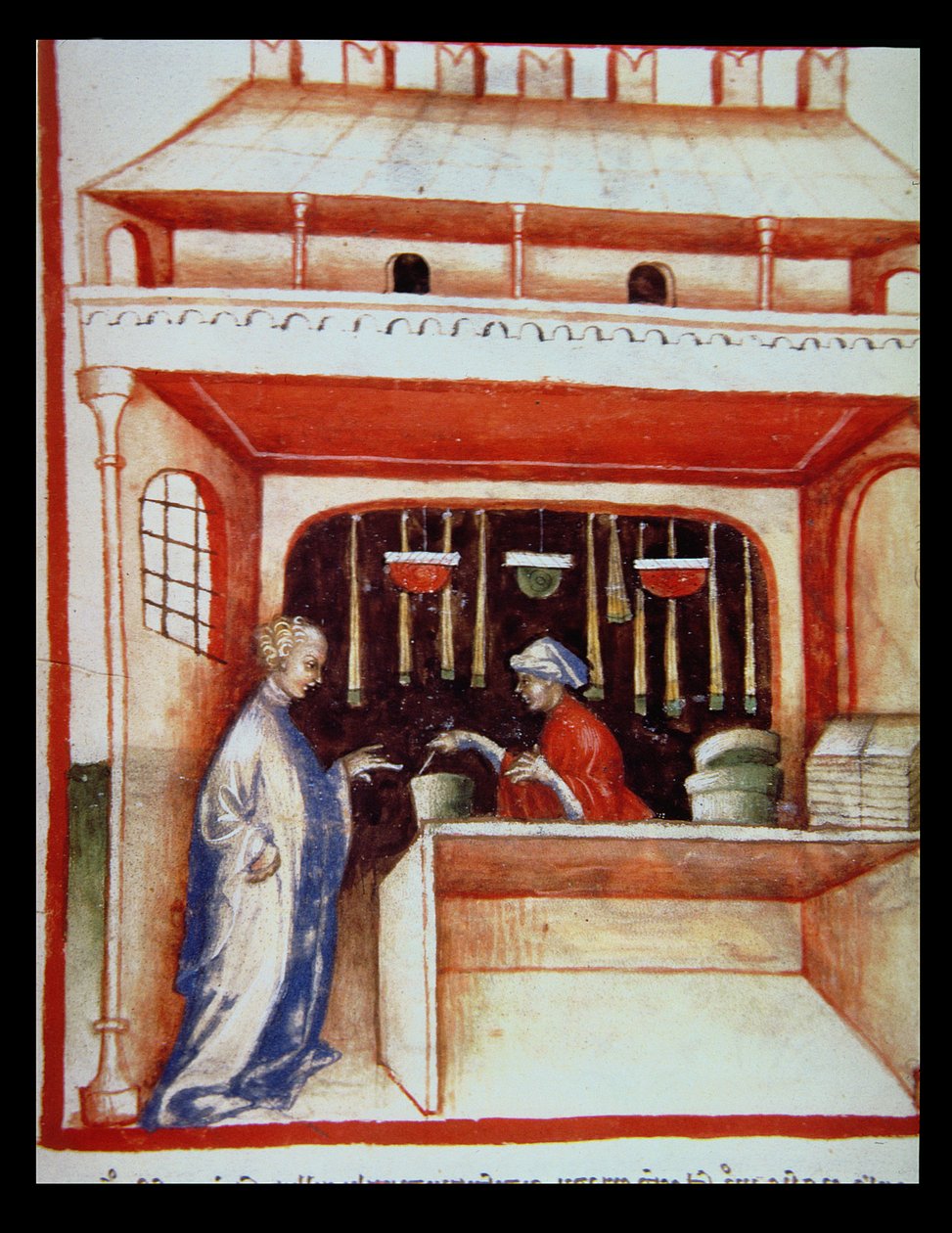 Nova 2644 fol.93v Salg af moskus, fra Tacuinum Sanitatis af Italian School